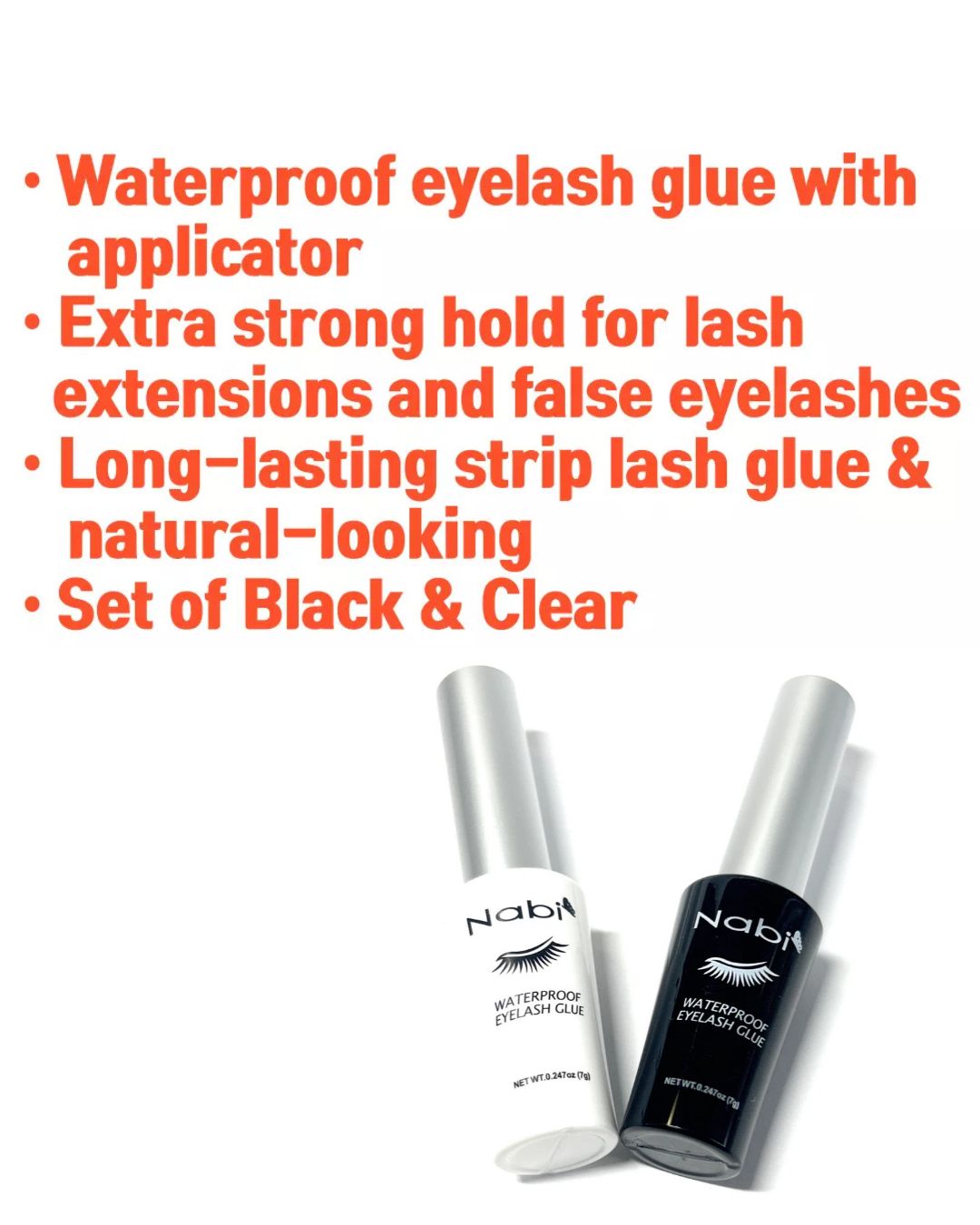 Nabi Waterproof Eyelash Glue with Applicator – Long Lasting Strong Adhesive for False Lashes in Clear or Black