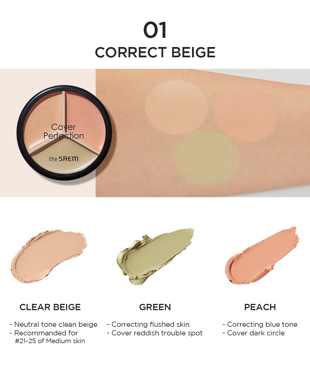 THE SAEM Cover Perfection Triple Pot Concealer - Full Coverage 3-Color Corrector for Redness & Dark Circles: Beige, Green, Peach