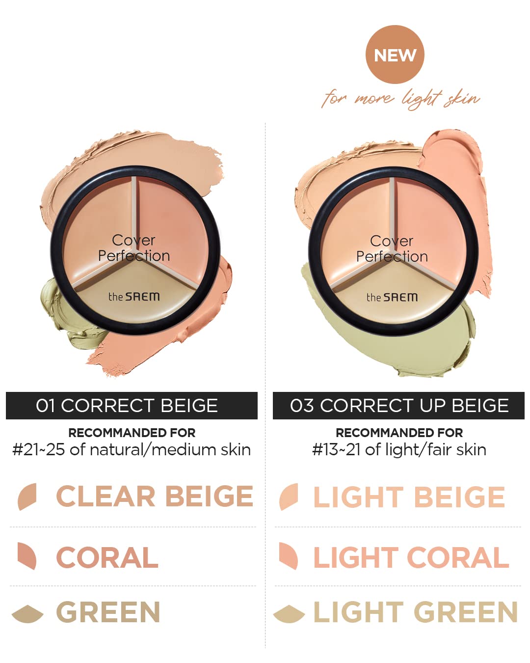 THE SAEM Cover Perfection Triple Pot Concealer - Full Coverage 3-Color Corrector for Redness & Dark Circles: Beige, Green, Peach