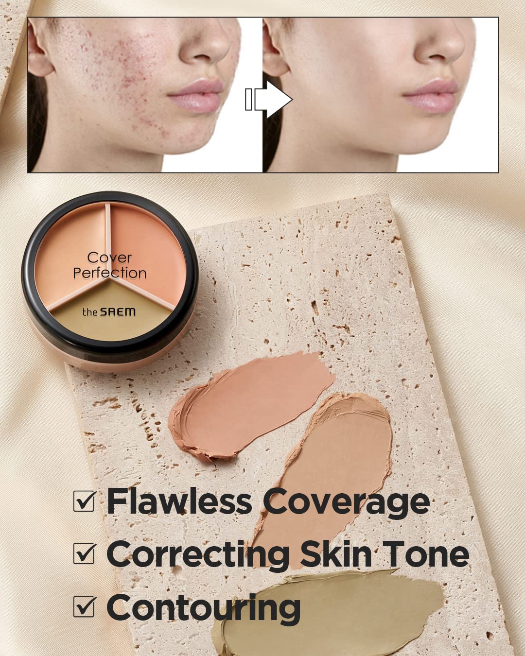THE SAEM Cover Perfection Triple Pot Concealer - Full Coverage 3-Color Corrector for Redness & Dark Circles: Beige, Green, Peach